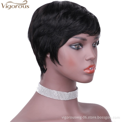 Vigorous Women Human Hair Wig Bob Hair Cut Pixie Side Part Black Fluffy  Human hair Wig Daily Use For Women